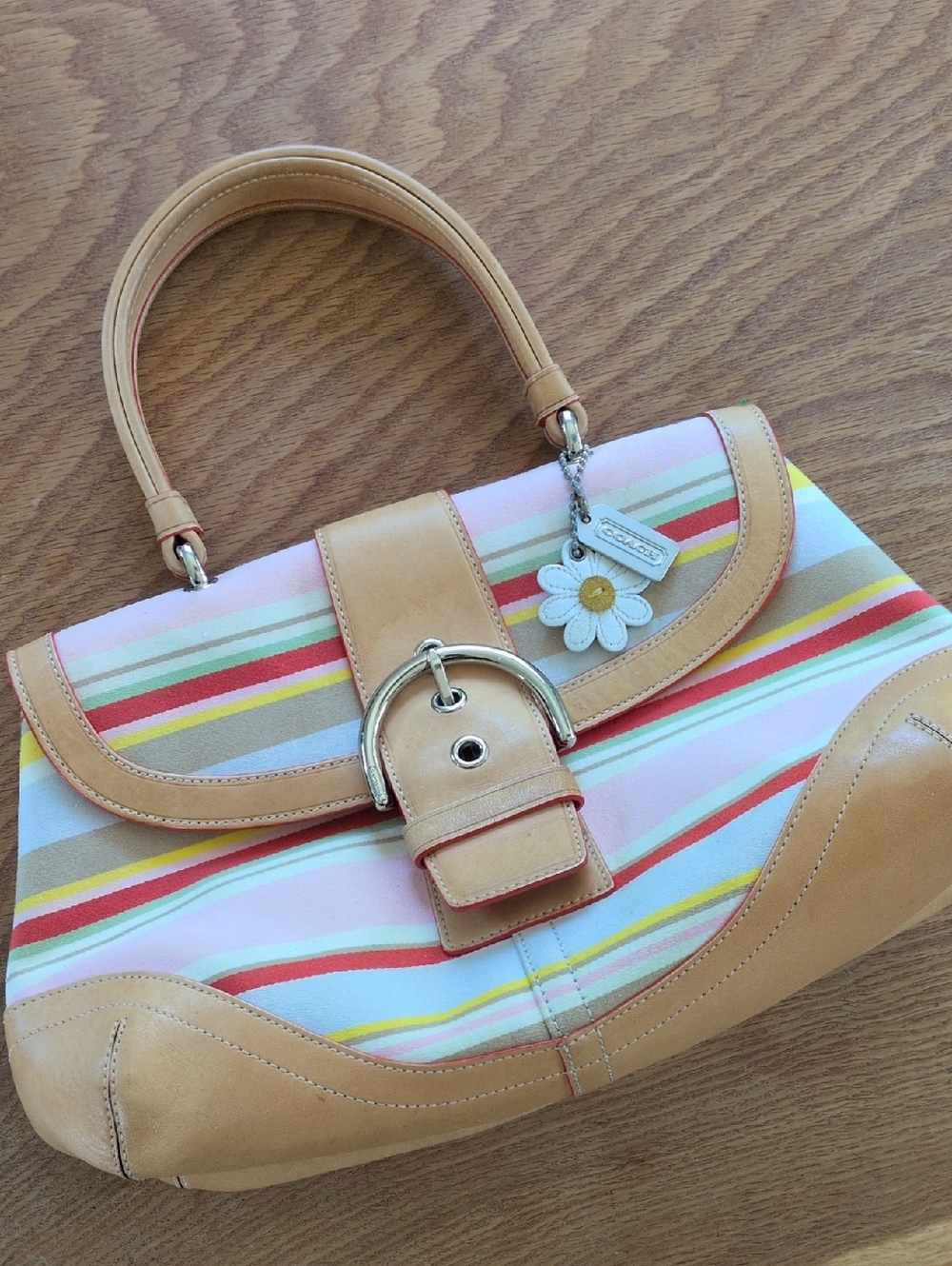 ✨vintage Coach Soho Hampton satchel multicolor striped canvas And Tan Leather - Picture 2 of 13